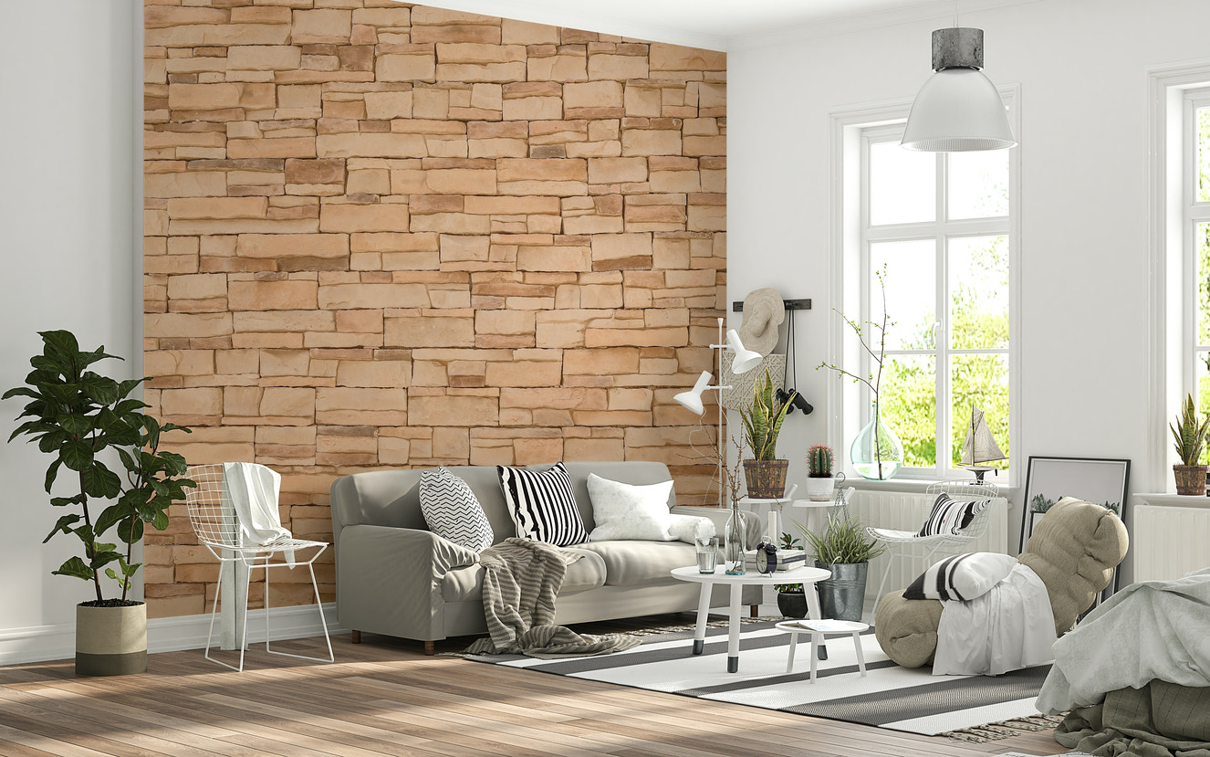 Rustic Stone Appeal wall mural in a modern living room.