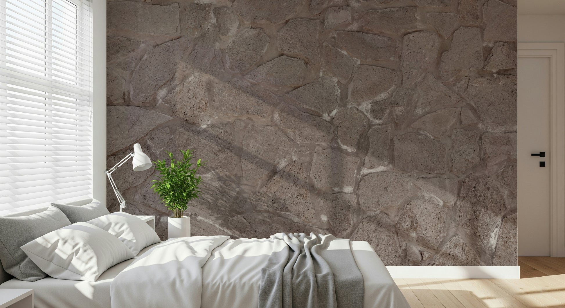 Detailed view of the realistic stone wall mural design.