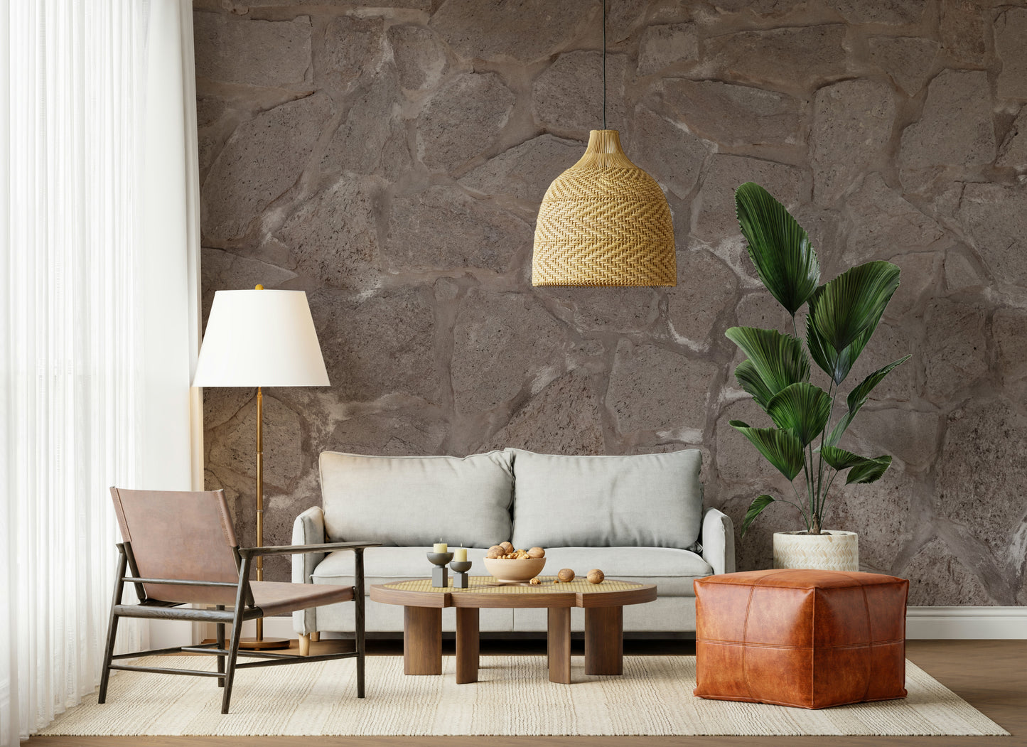 Home office featuring the Rustic Stone Wall wallpaper mural.