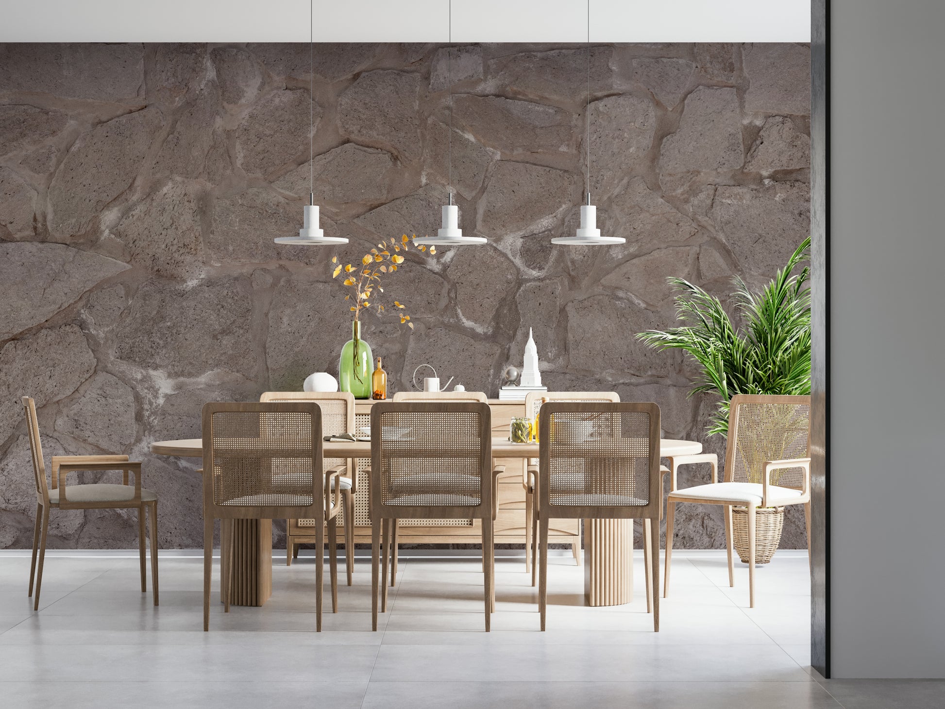 Rustic Stone wallpaper for walls in a cozy dining room.