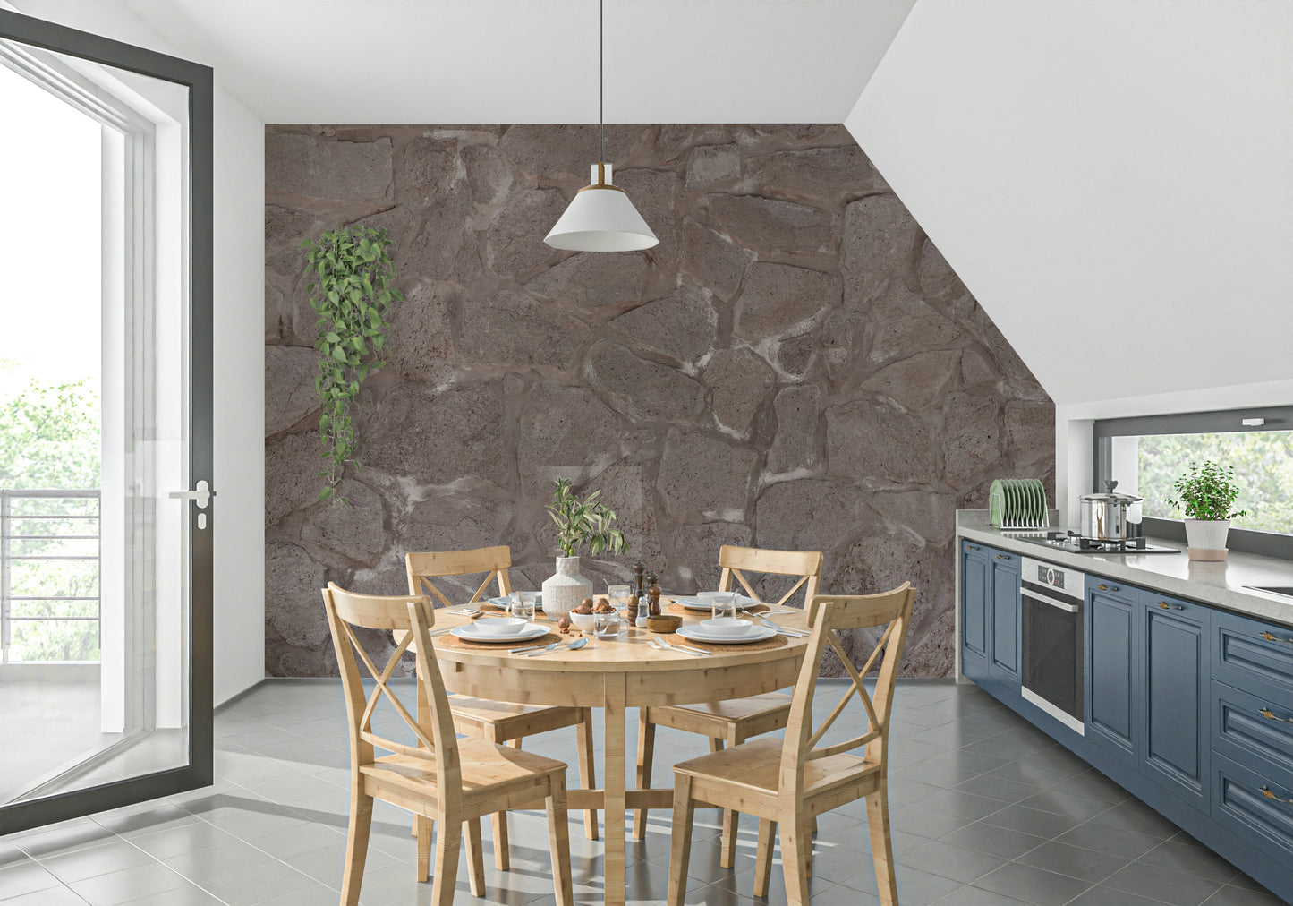 Full view of the large Rustic Stone Wall wallpaper mural.