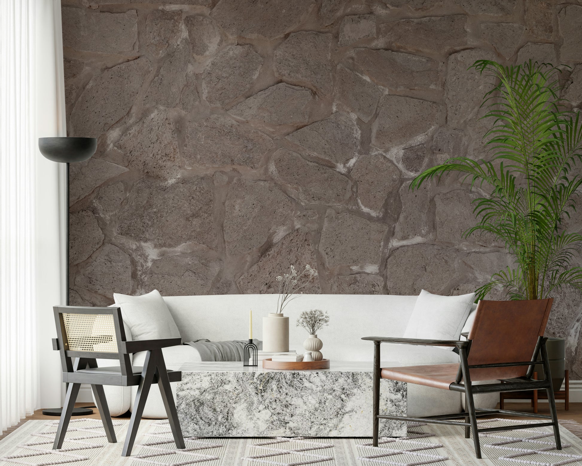 Fireplace accent wall with the Rustic Stone Wall mural.