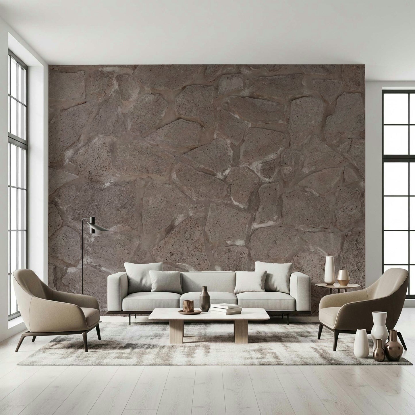 Rustic Stone Wall mural in a farmhouse living room.