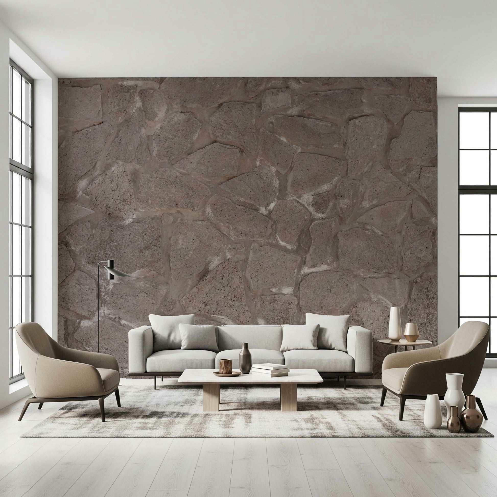 Rustic Stone Wall mural in a farmhouse living room.