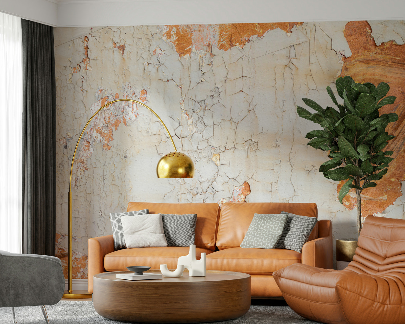 Cracked Texture wall mural in a modern living room.