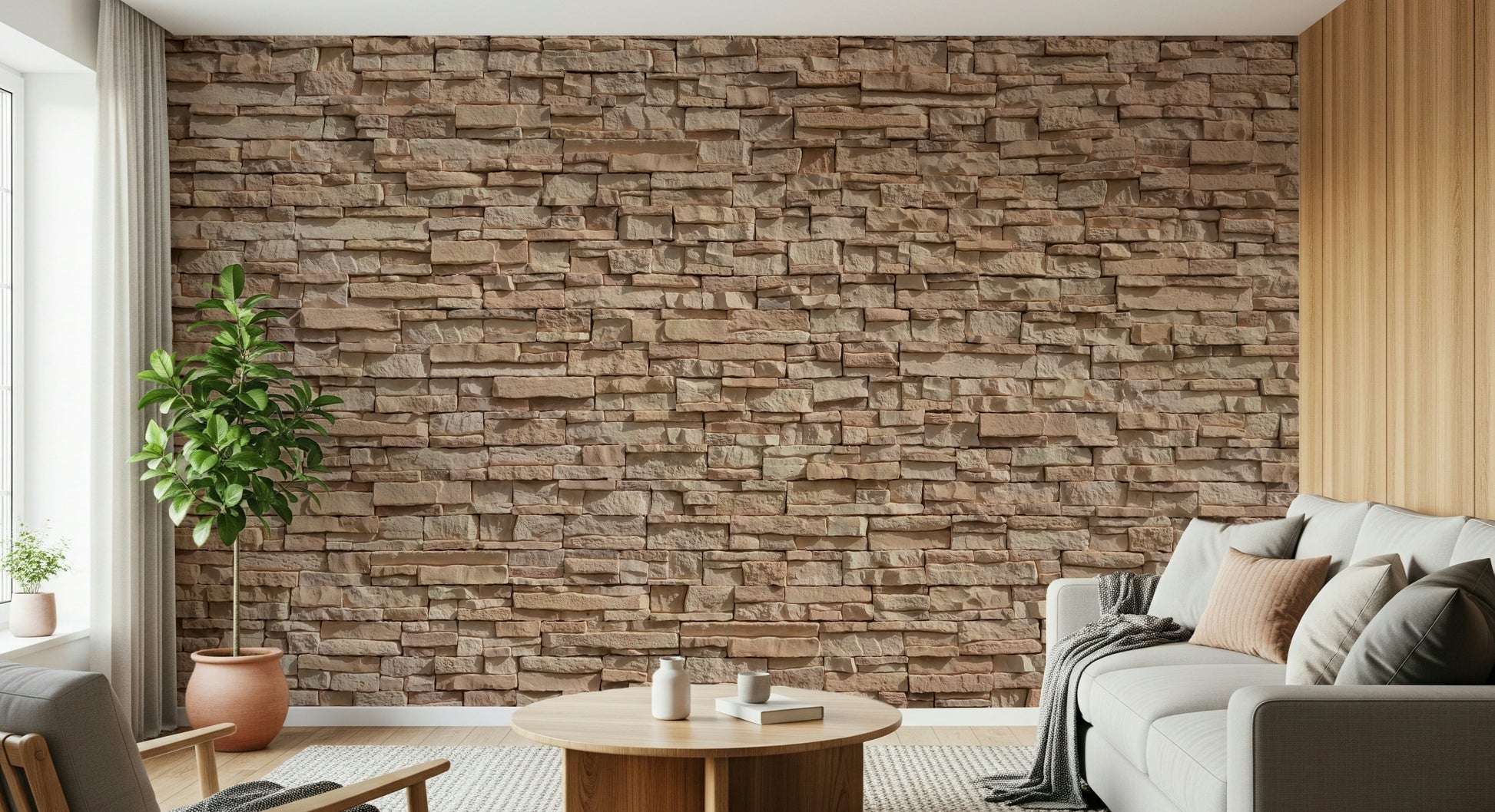 Stone Cladding Illusion Wall Mural on a feature wall.