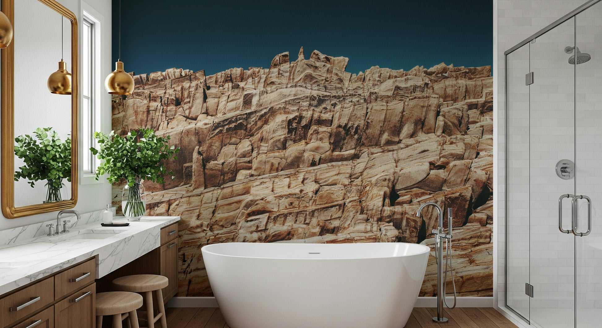 Peel and stick Terracotta Cliffscape wallpaper detail.