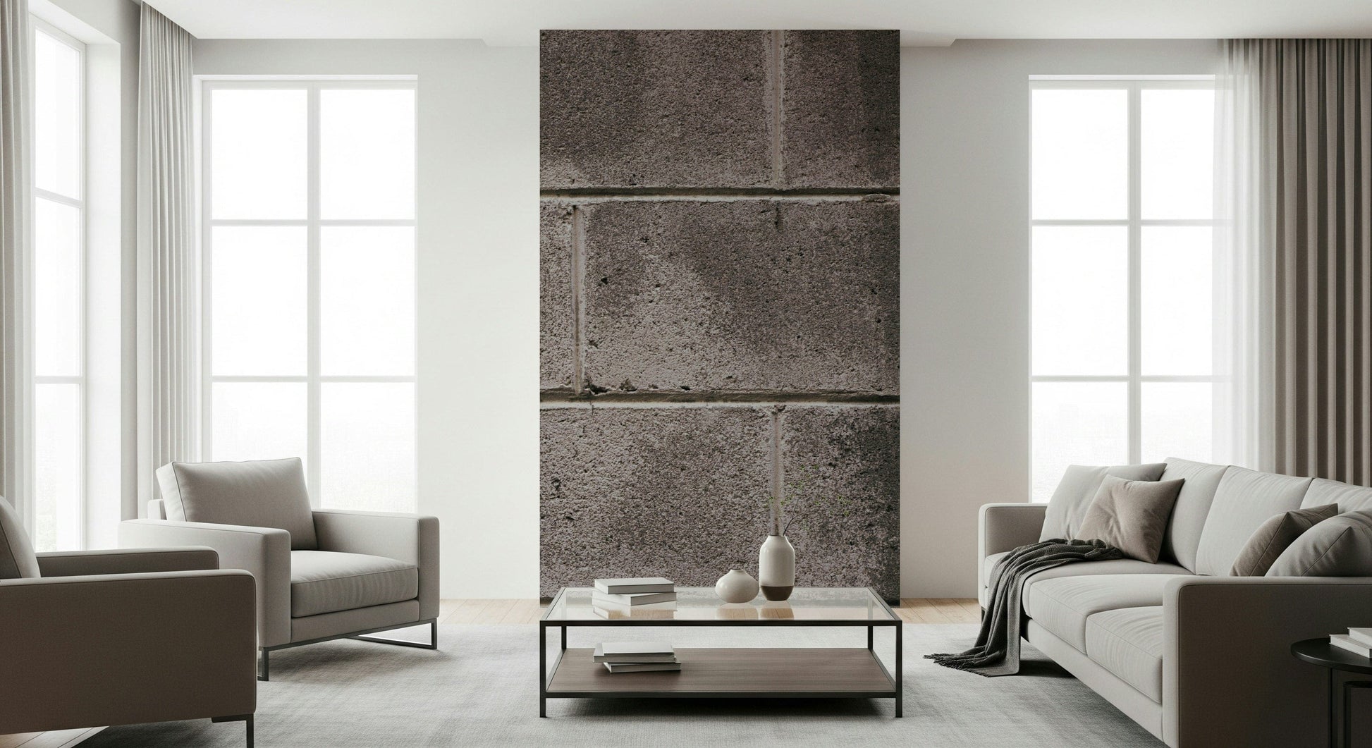 Entryway accent wall with the textured Distressed Walls peel and stick wallpaper.