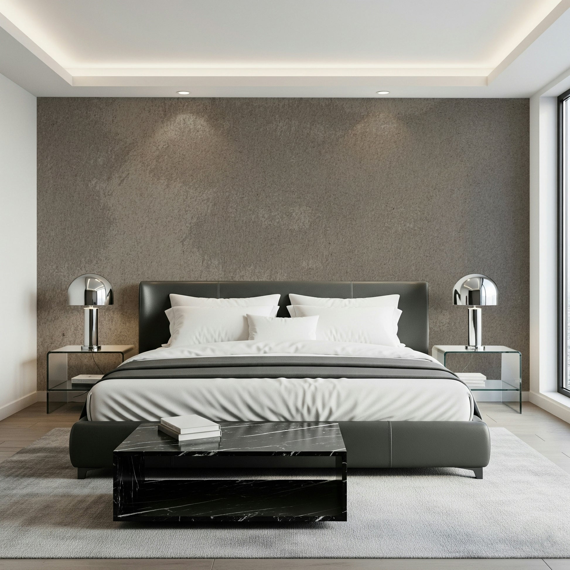 Close-up view of the natural mottled rock effect wallpaper.