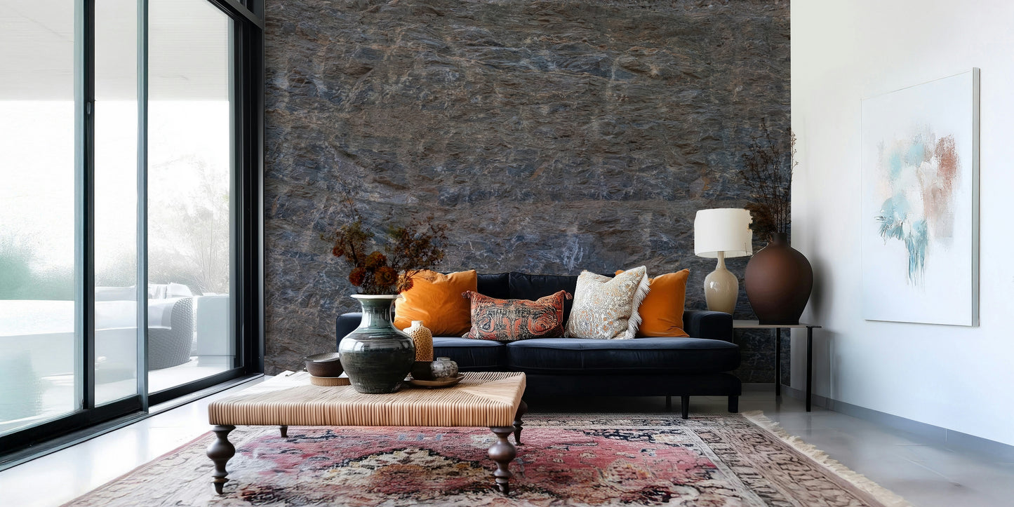 Home office featuring the dramatic stone terrain wallpaper mural.
