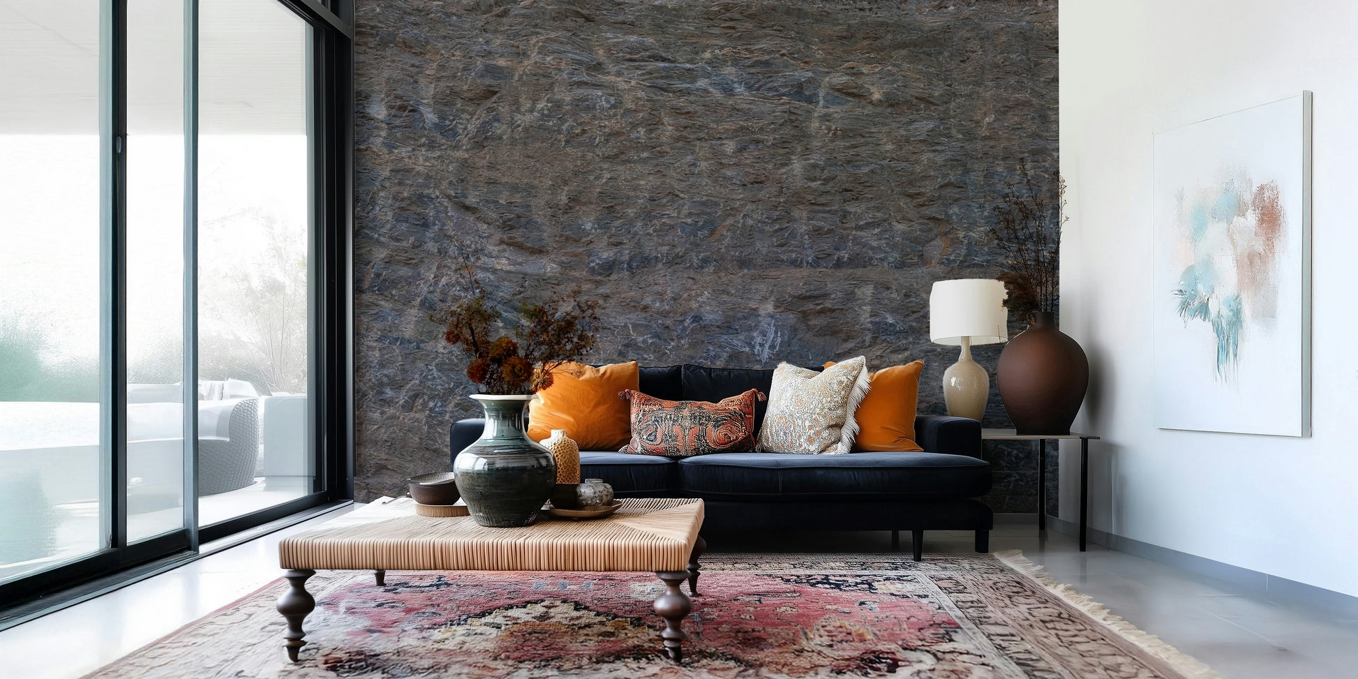 Home office featuring the dramatic stone terrain wallpaper mural.