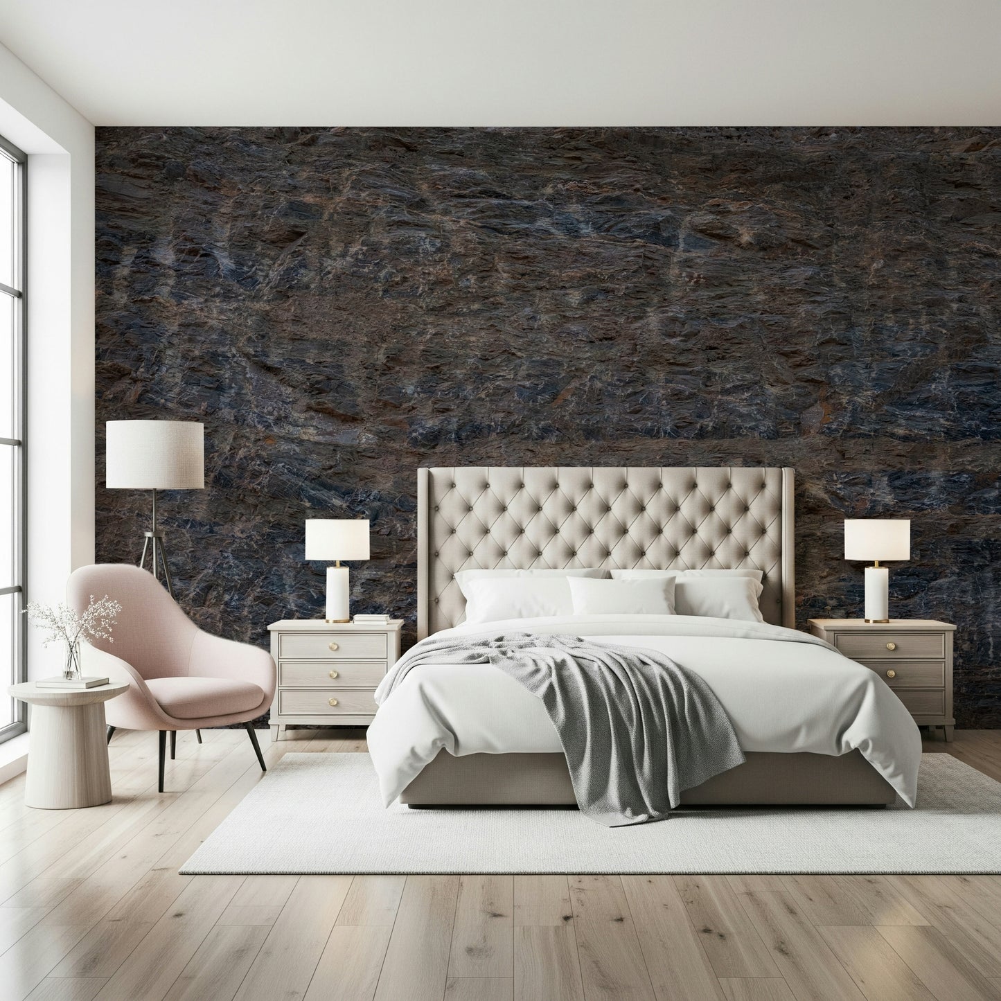Contemporary furniture styled against the Rocky Terrain wallpaper.