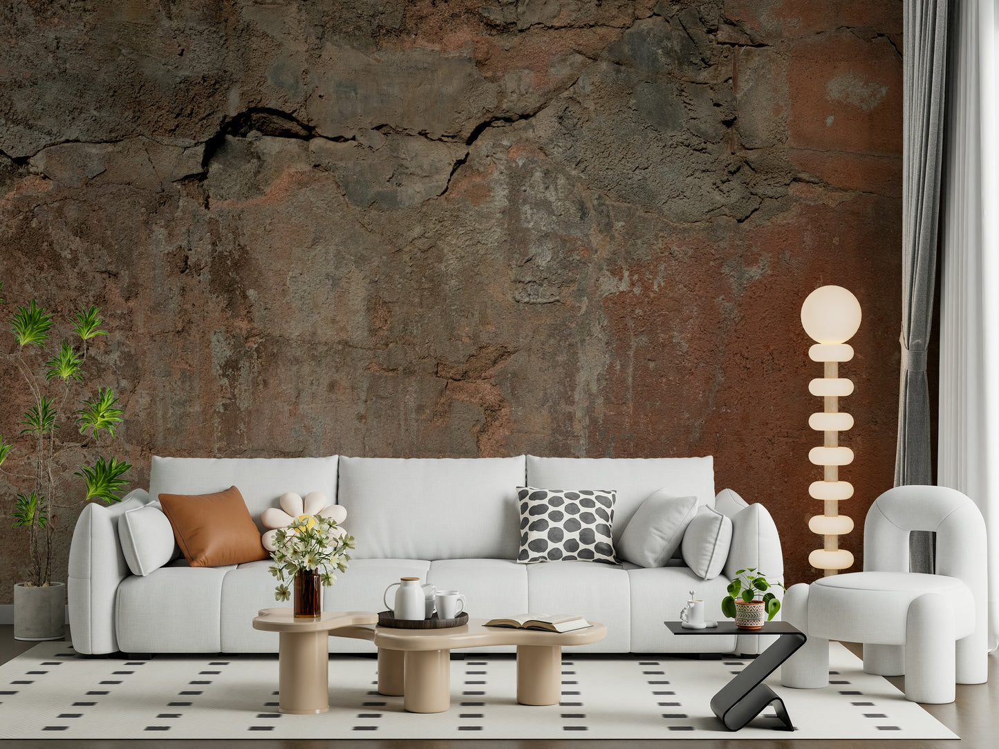 Neutral furniture styled against the soothing Earth Tones wallpaper.