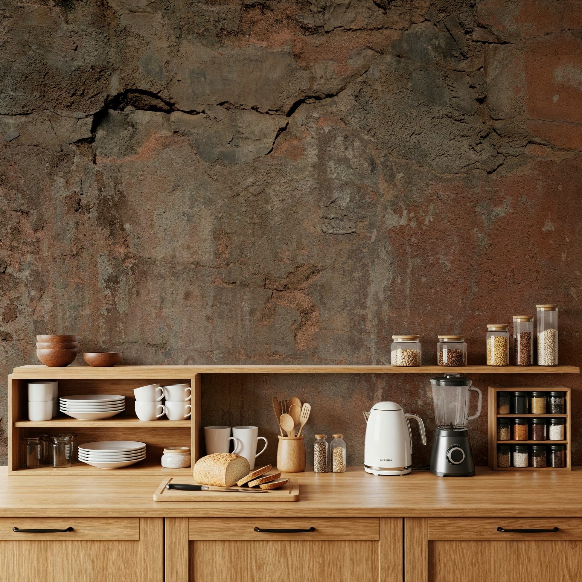 Bedroom with the Rustic Earth Tones grounding mural accent wall.