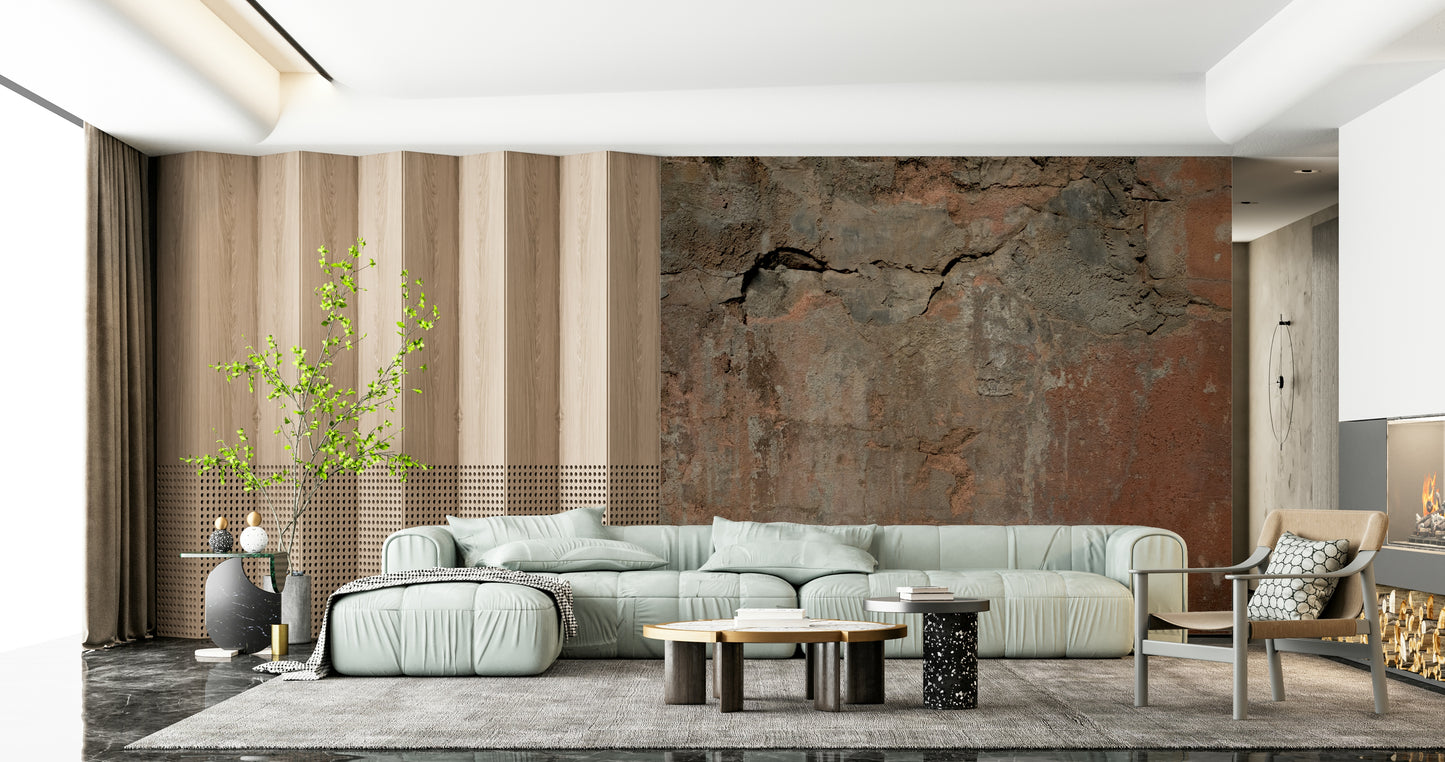 Bohemian home office featuring the deep earth tone wallpaper mural.