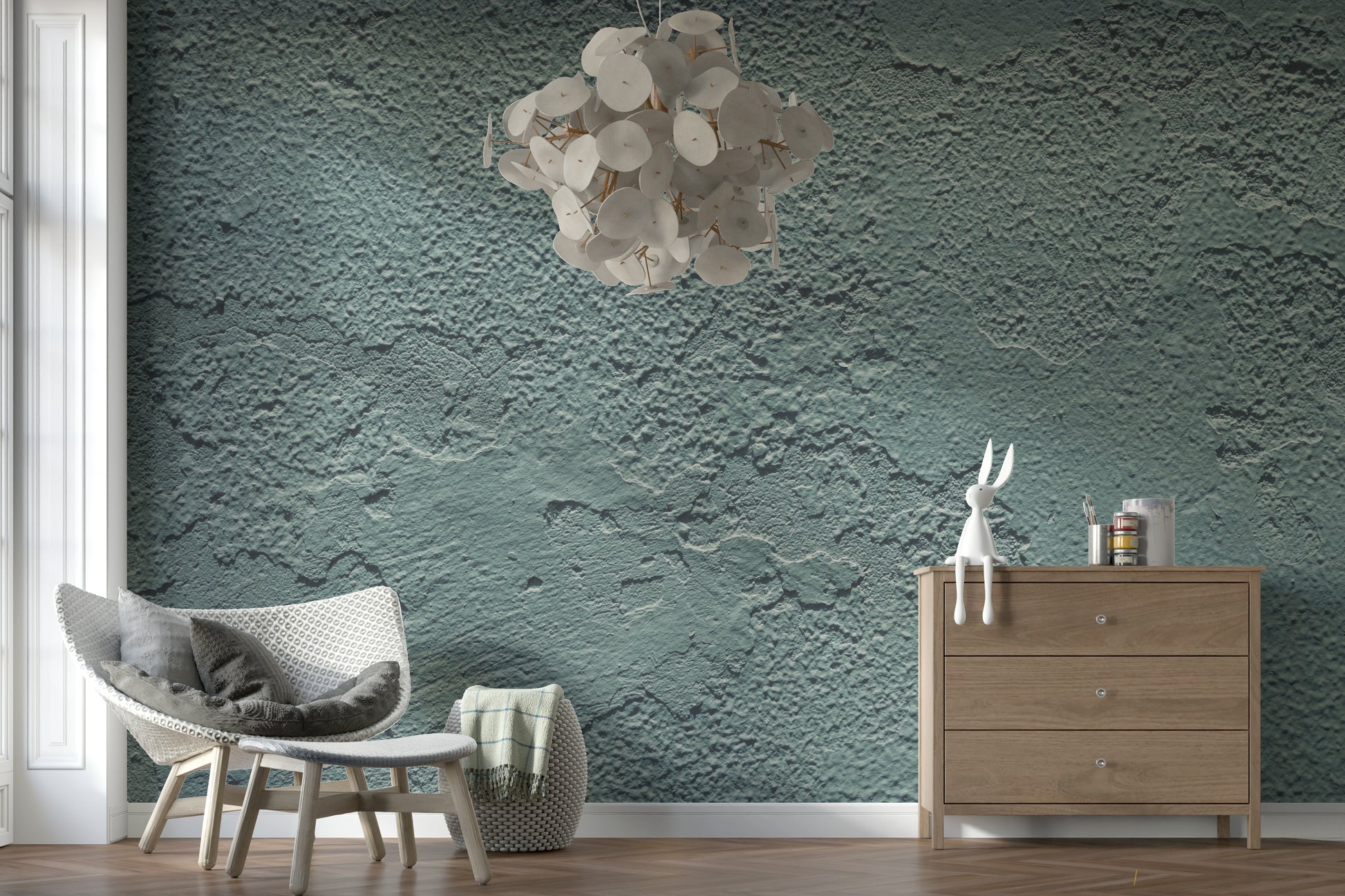 Full living room featuring the stylish Distressed Walls Wall Mural.
