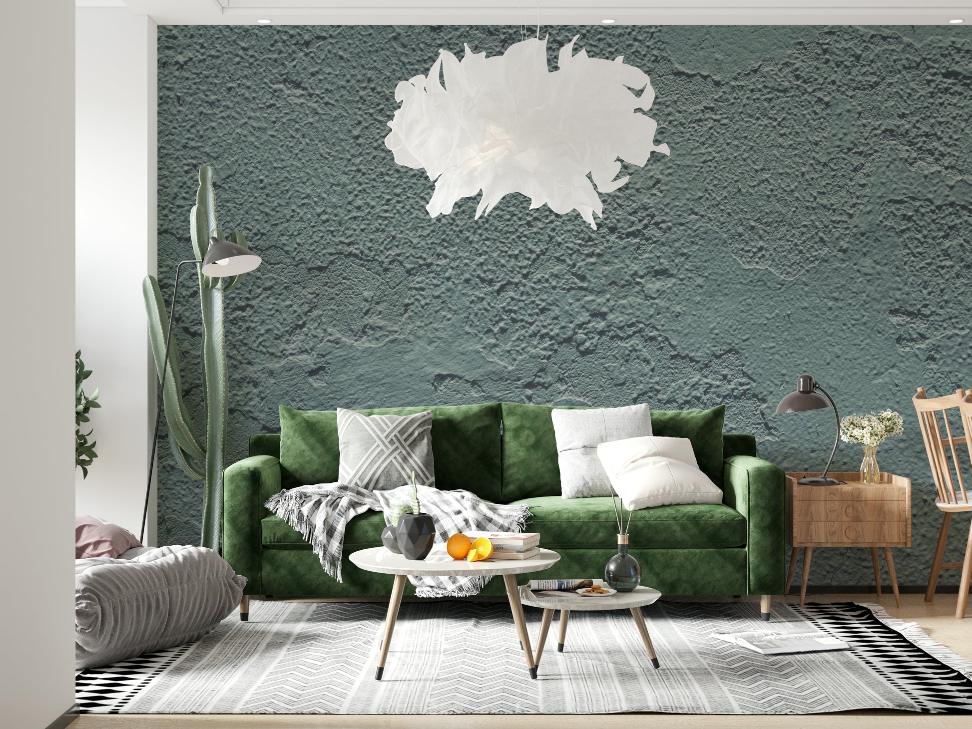 Minimalist furniture styled against the Distressed Walls wallpaper.