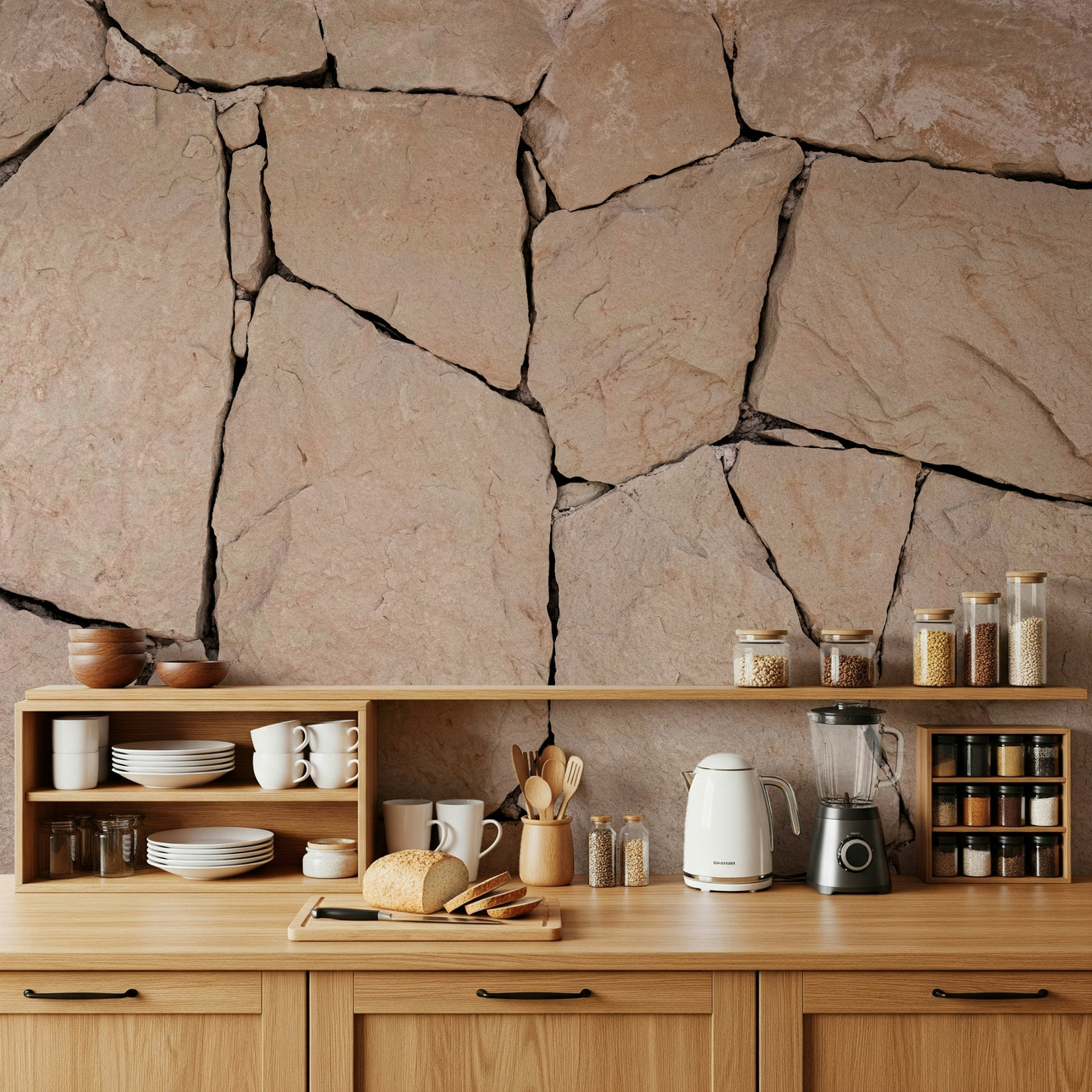 Full living room featuring the rustic Stone Cladding Texture Wall Mural.