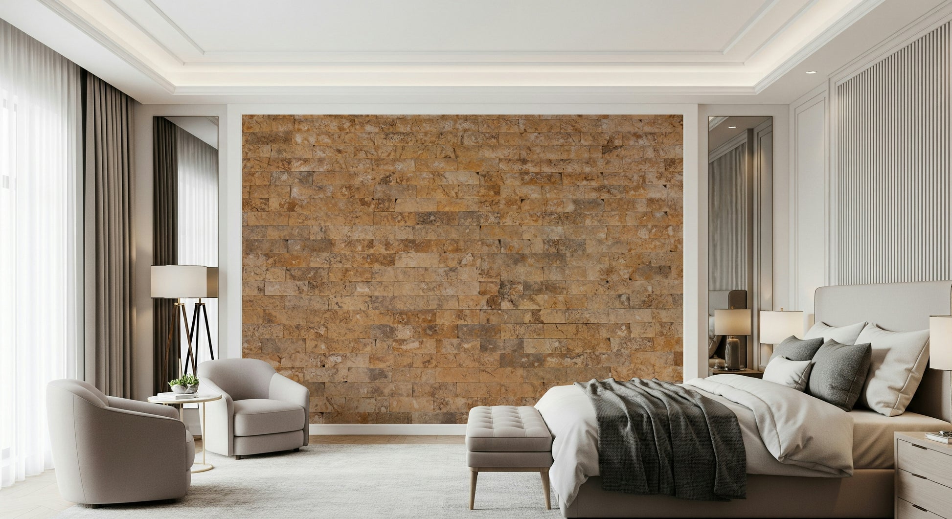 Entryway accent wall with the textured Brickwork peel and stick wallpaper.