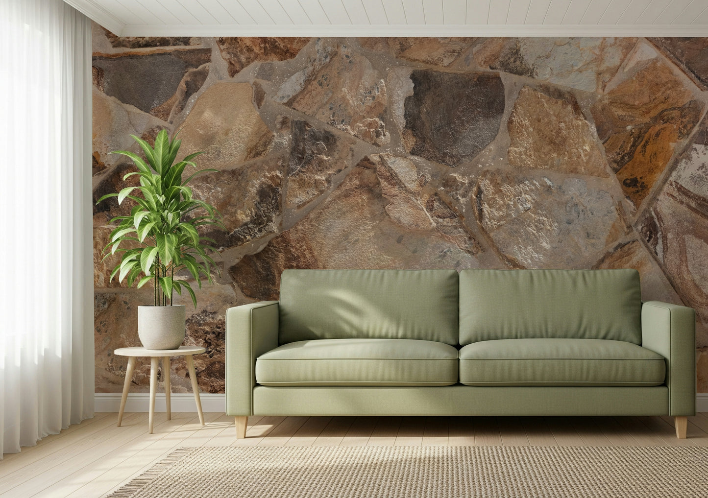 Contemporary furniture styled against the Stone Fusion wallpaper.