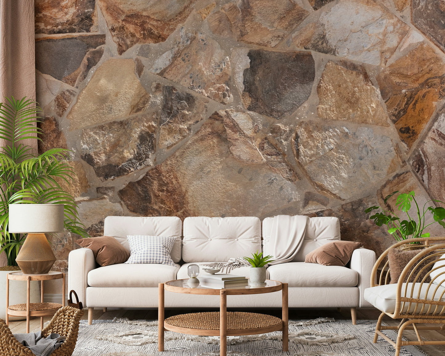 Full living room featuring the rustic Natural Stone Fusion Wall Mural.