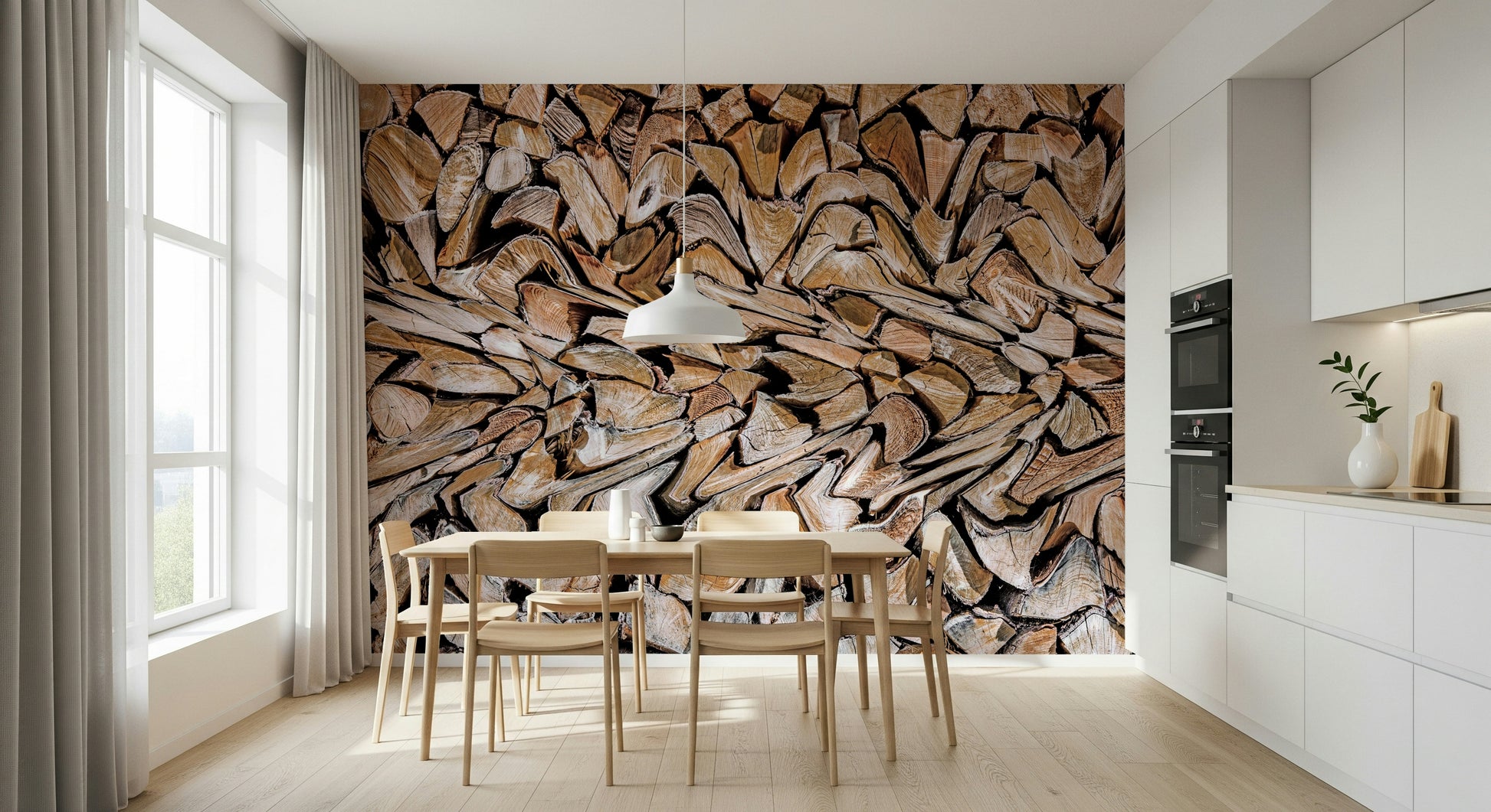 Accent wall featuring the dark lines of Fractured Timber Wall Mural.