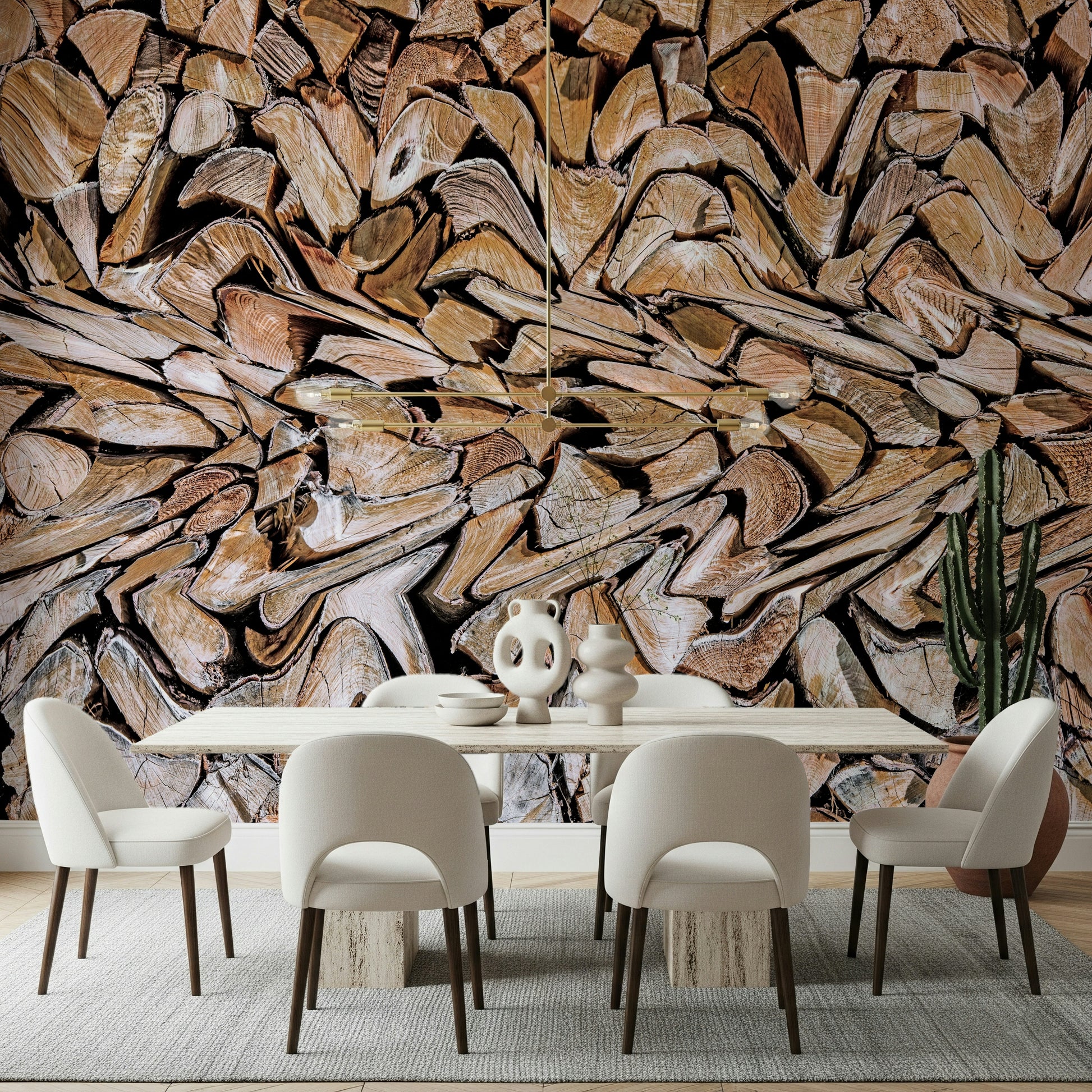 Minimalist dining area featuring the Fractured Timber Wall Mural.