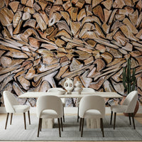 Minimalist dining area featuring the Fractured Timber Wall Mural.