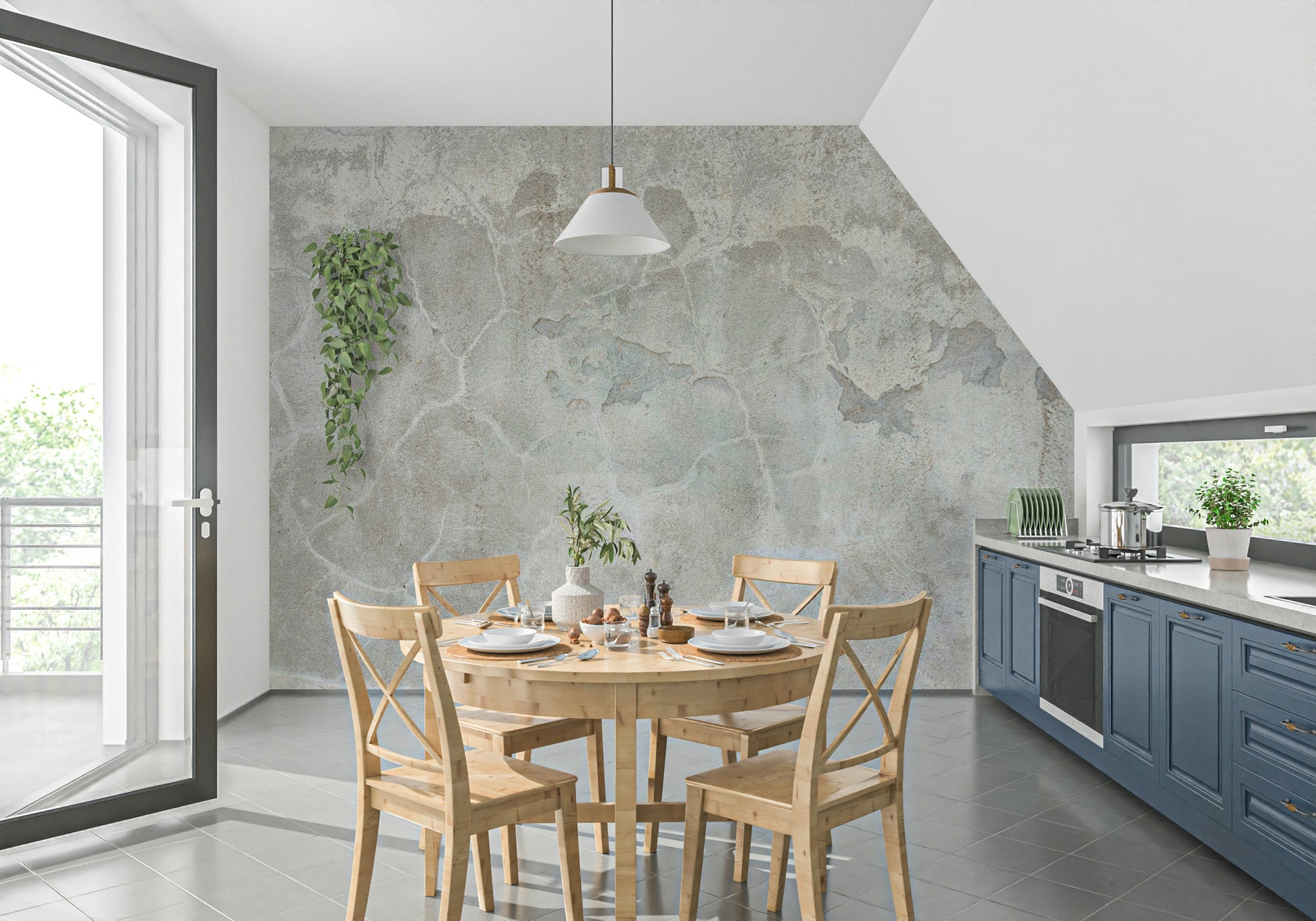 Full view of a living area featuring the elegant Urban Texture Wall Mural.