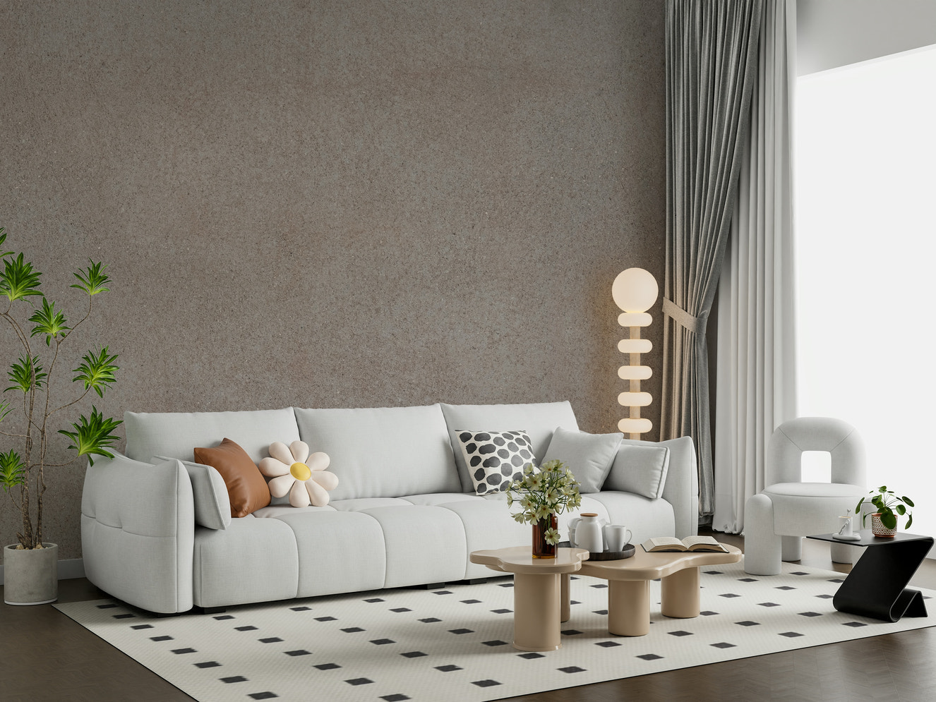 Modern living room featuring the Taupe Stone Surface Wall Mural.