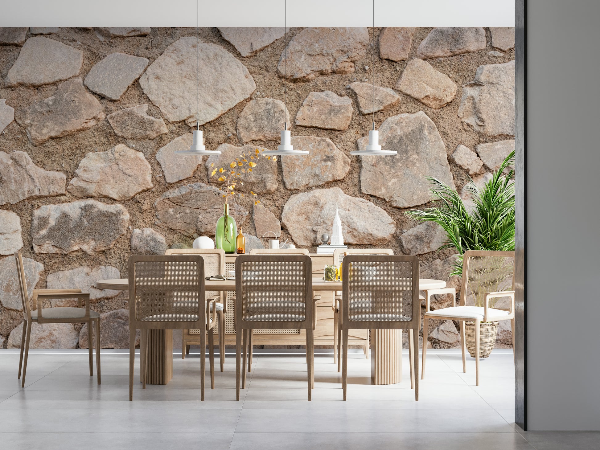 Old World Stone Wall Mural providing depth in a home library.
