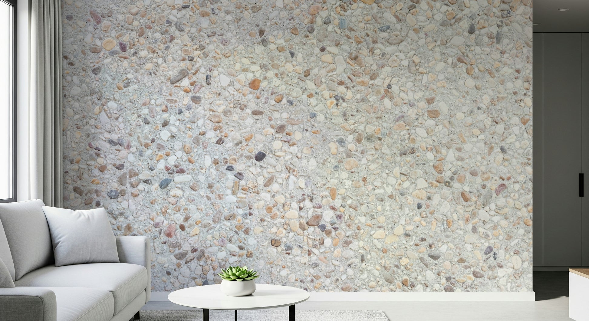 Sunroom accent wall with the natural Pebble Beach Texture Wall Mural.