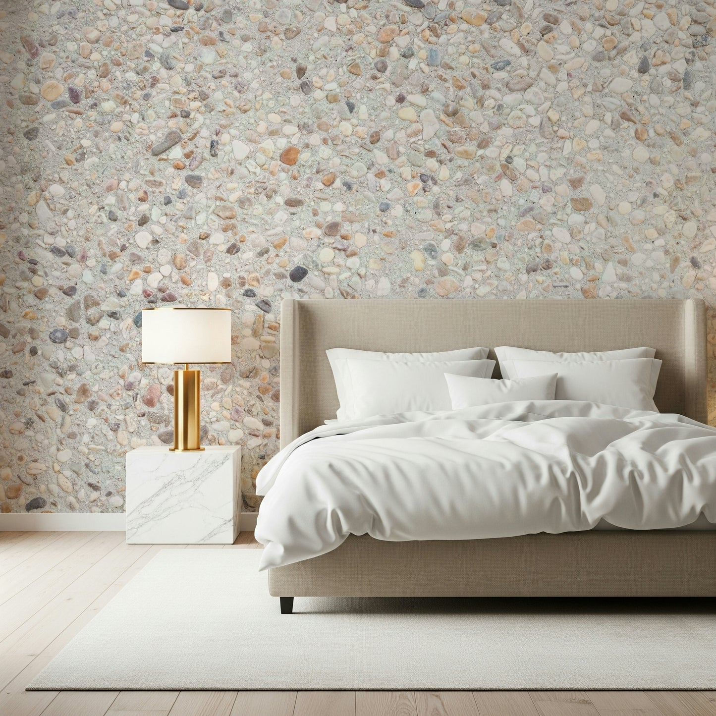 Modern bedroom with the soft Pebble Beach Texture Wall Mural.