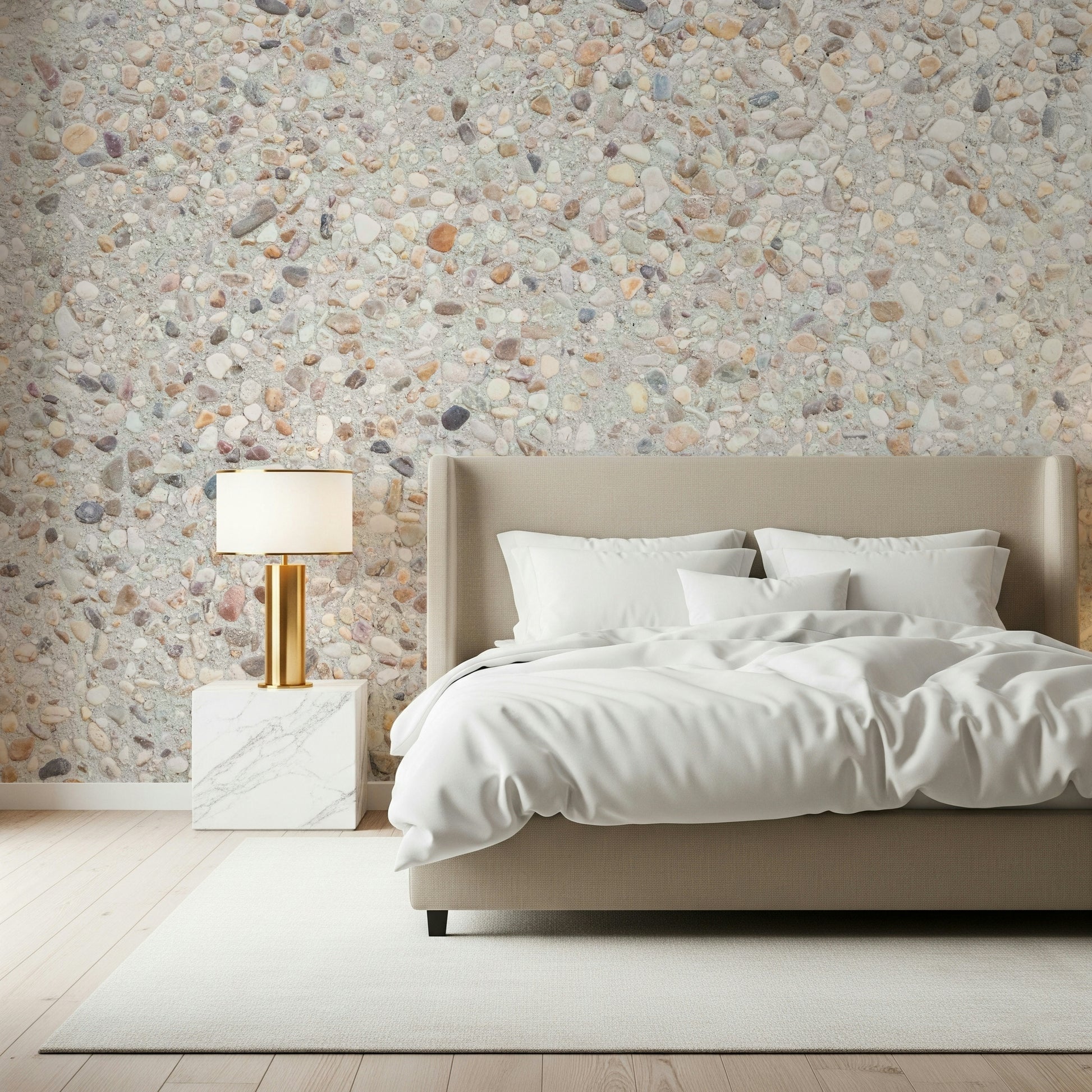 Modern bedroom with the soft Pebble Beach Texture Wall Mural.