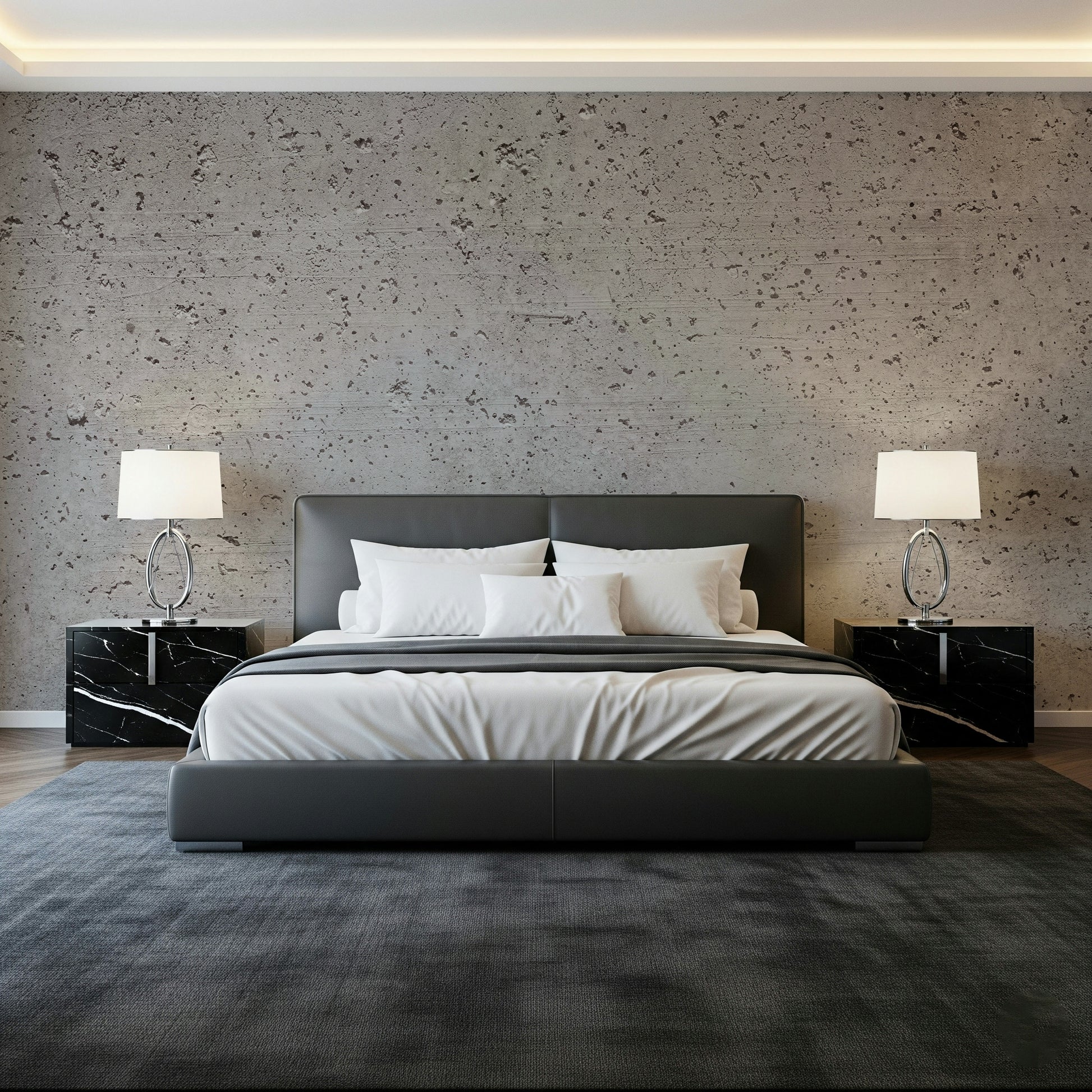 Stylish dining area featuring the subtle gray Concrete Canvas Wall Mural.