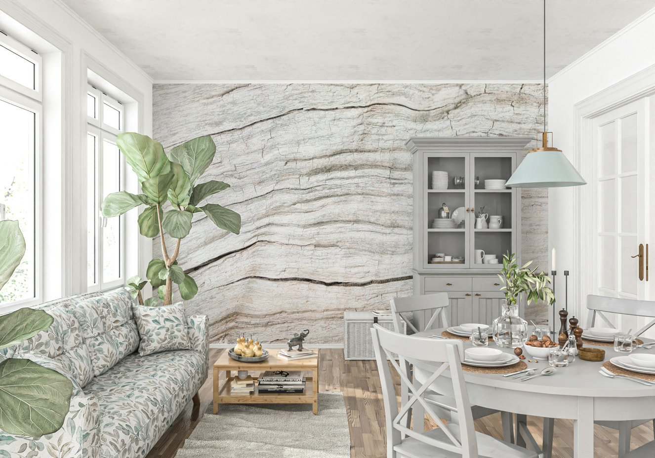 Driftwood Texture Wall Mural light gray wood feature wall.