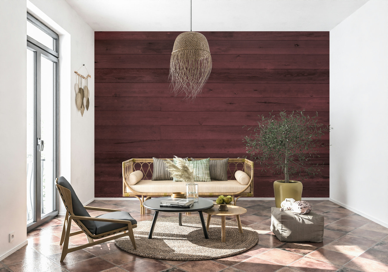 Wine-Stained Wood Wall Mural creating a moody feature wall.