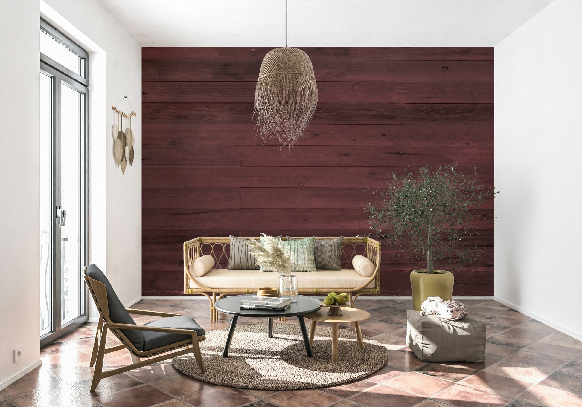 Wine-Stained Wood Wall Mural creating a moody feature wall.