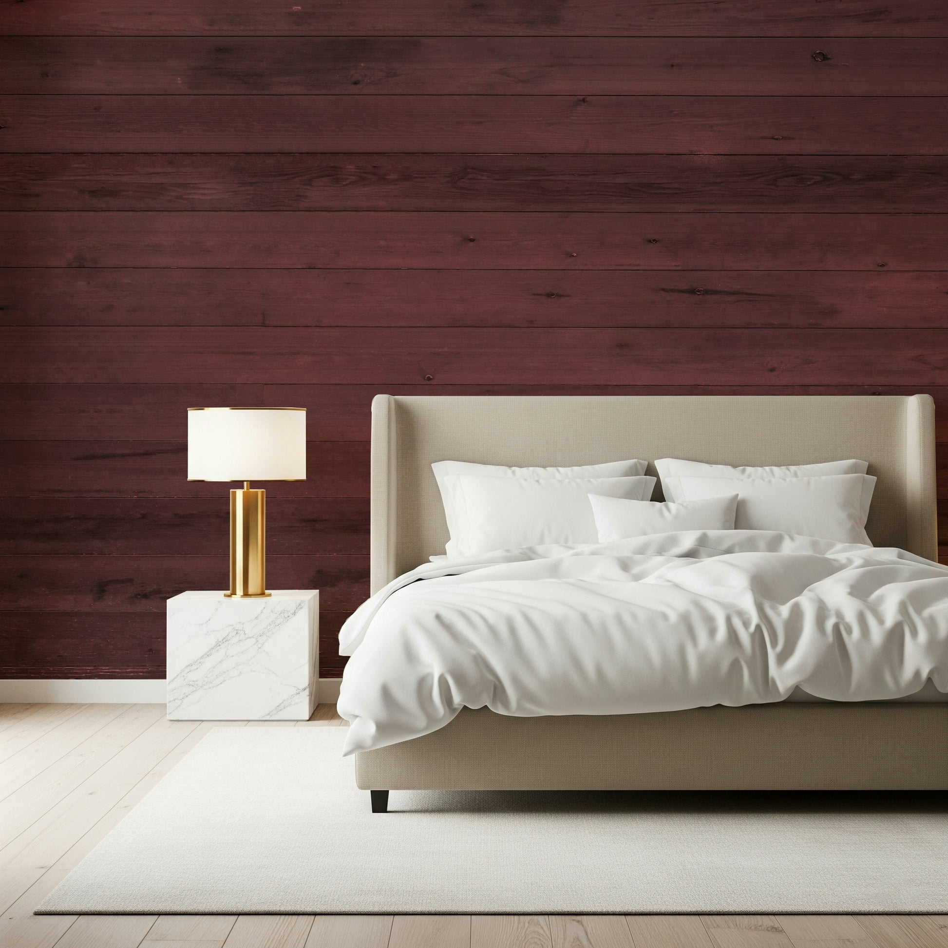 Purple and burgundy color tones of the Wine-Stained Wood Wall Mural.