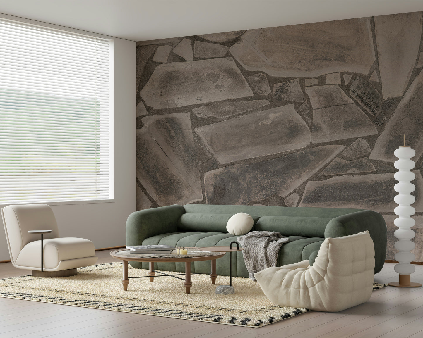 Tessellated Stone Wall Mural installed in a chic, minimalist kitchen.