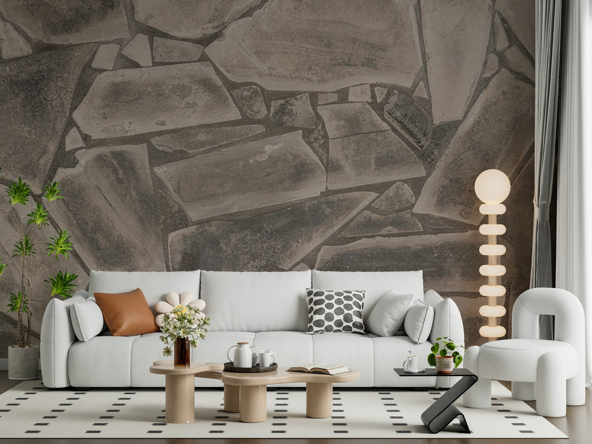 Tessellated Stone Wall Mural living room feature wall geometric pattern.
