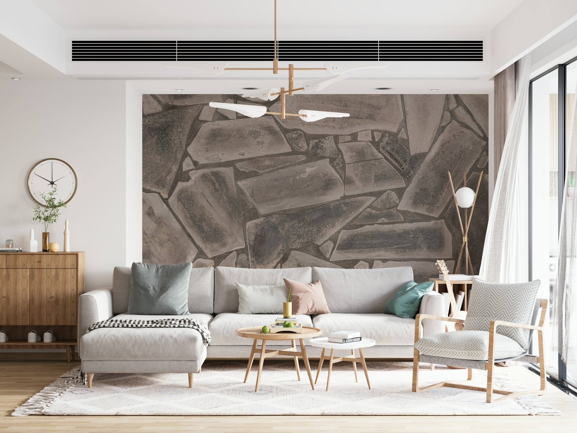 Dining space showcasing the angular Tessellated Stone Wall Mural design.
