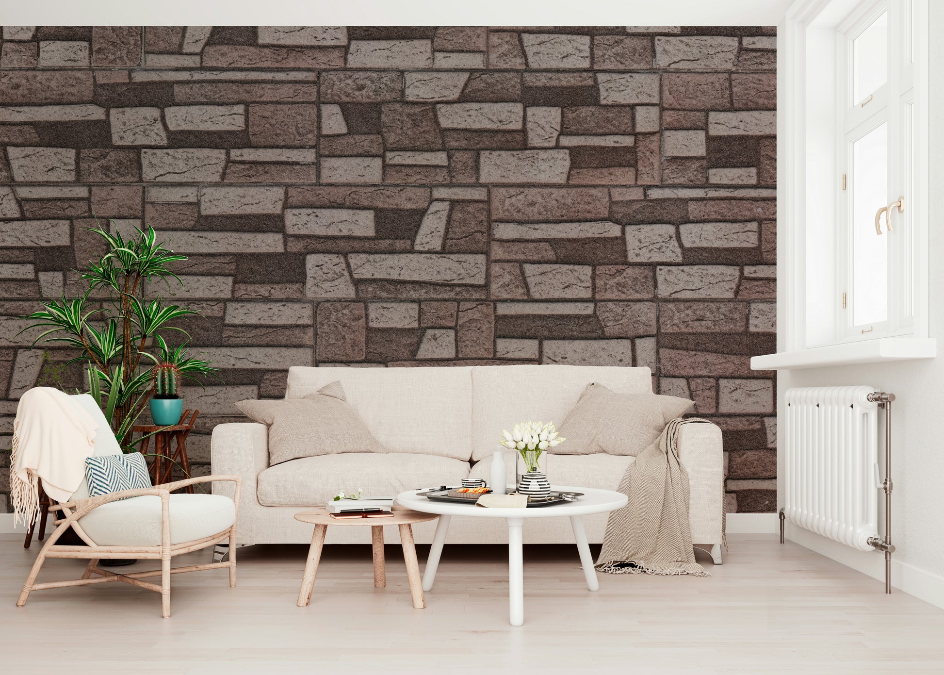 Rustic Brickwork Charm Wall Mural texture behind white sofa.
