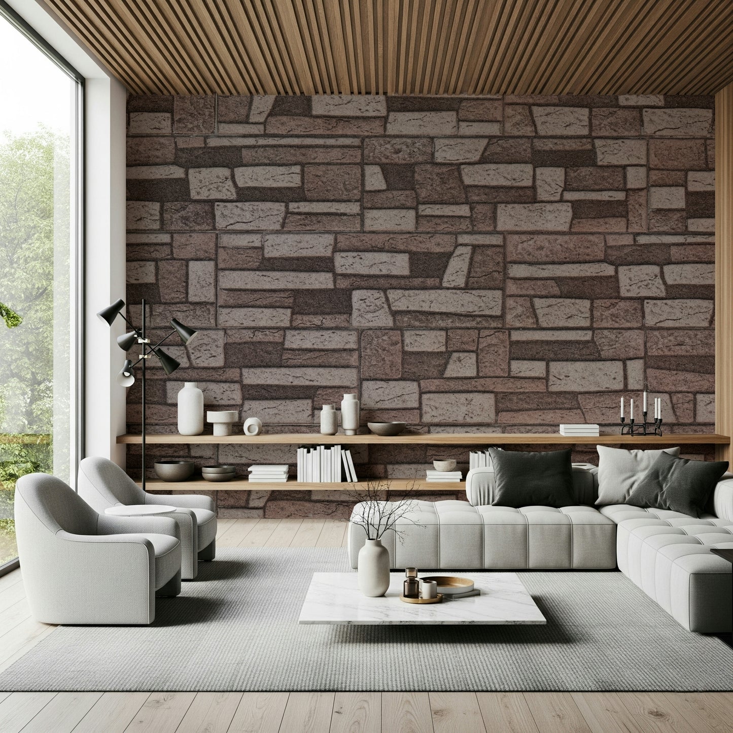 Rustic Brickwork Charm Wall Mural in modern dining room setting.