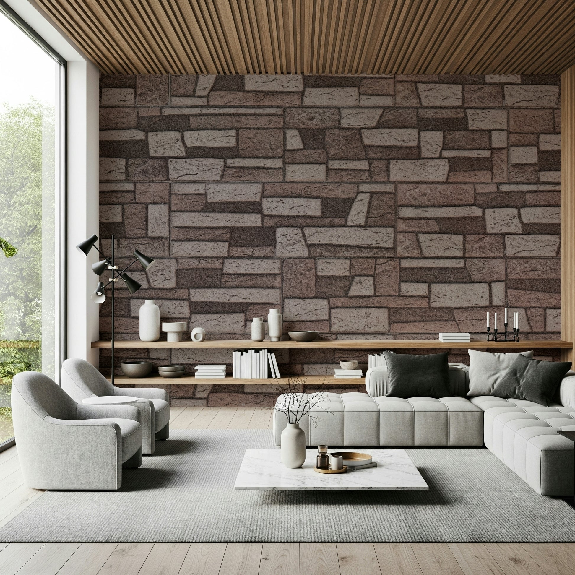 Rustic Brickwork Charm Wall Mural in modern dining room setting.