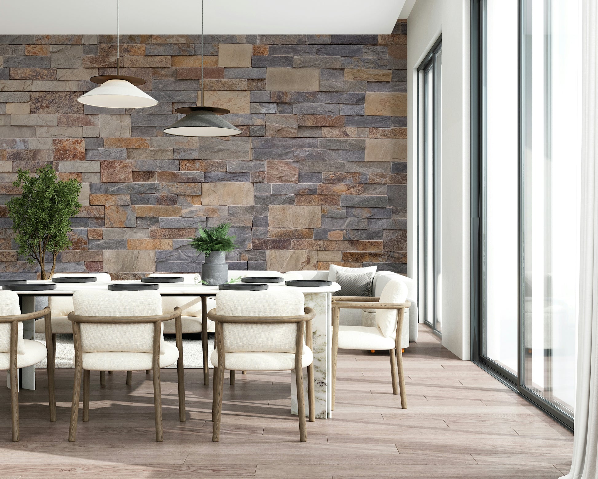 Faux stone texture on Stone Cladding Wall Mural accent wall.