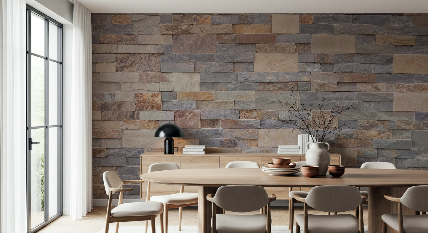 Industrial chic dining room featuring Stone Cladding Wall Mural.