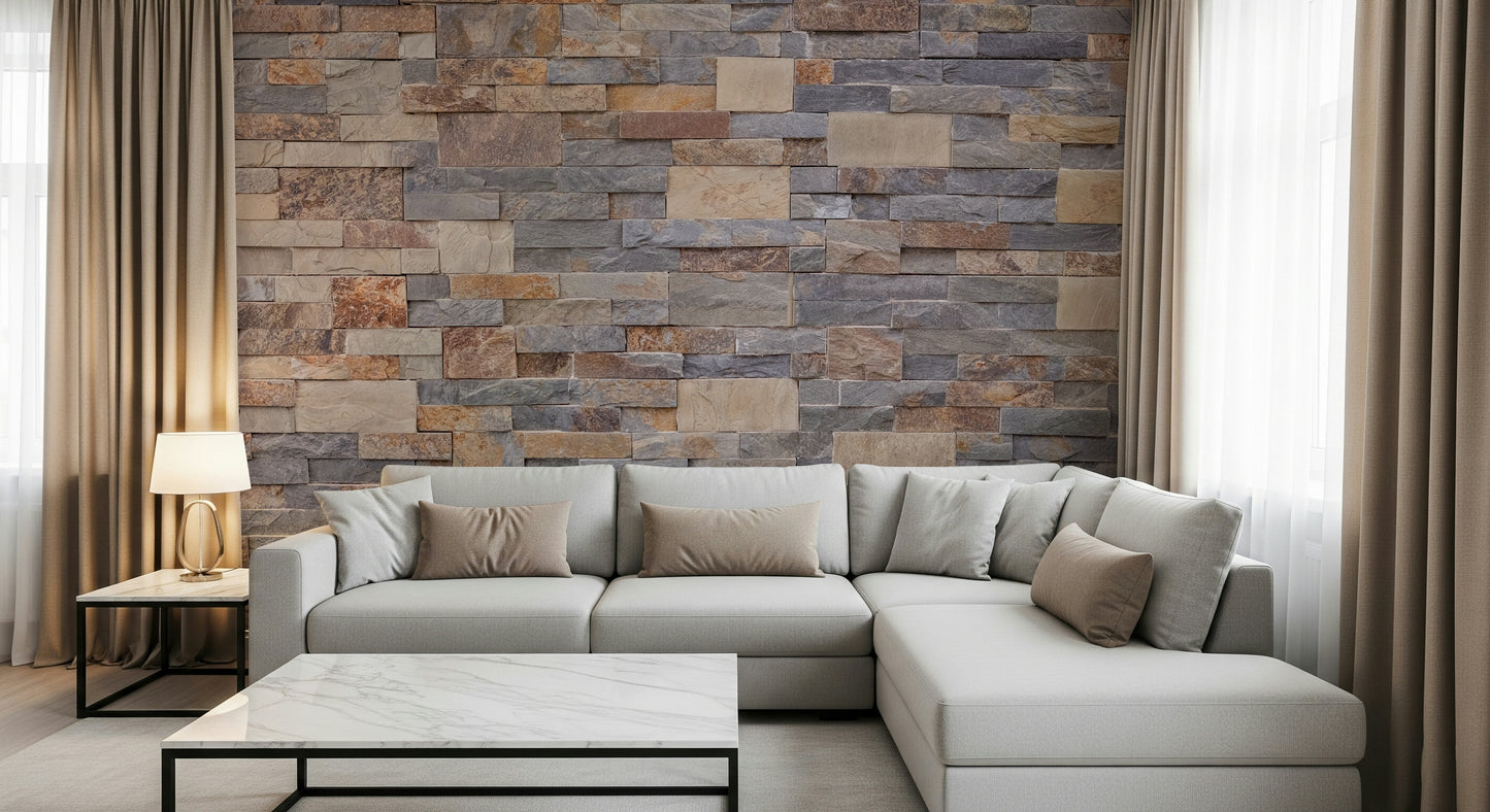 Detail of the textured Stone Cladding Wall Mural design.
