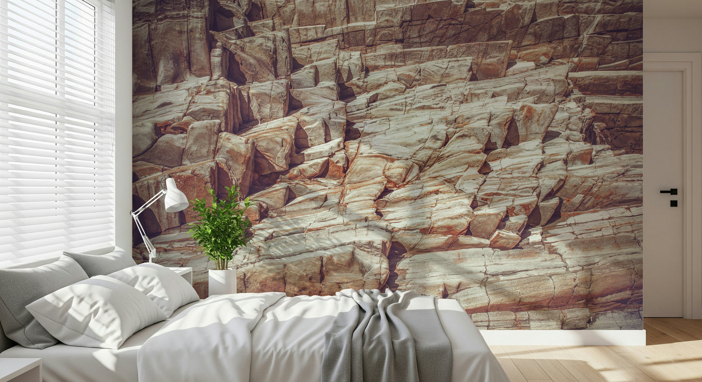 Realistic Rock Wall Mural texture in a contemporary entryway.