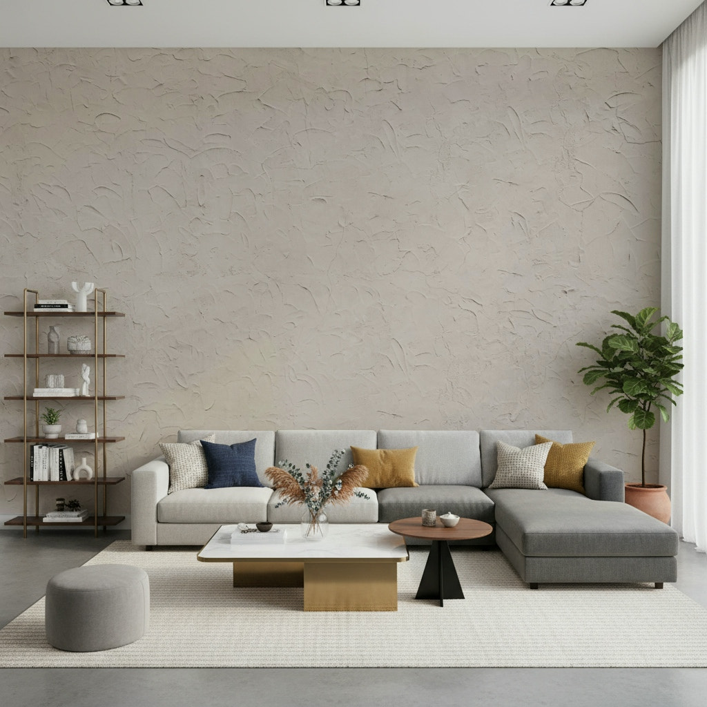 Plastered Beige Wall Mural installed in a bright living room.